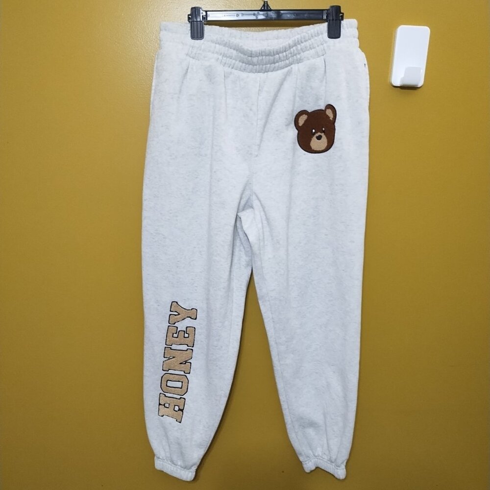 Love Theory Tapered Ankle Chenile Applique "Bear & Honey" Sweatpants XL Y2K